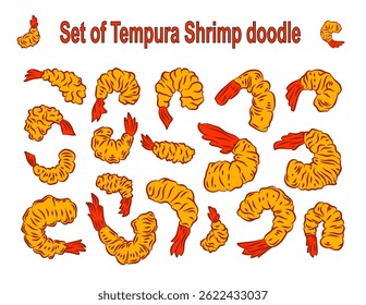 Tempura shrimp illustration collections. Japanese Food, Tempura doodle. fried shrimp.