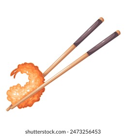 Tempura shrimp on wooden cartoon chopsticks for eating. Tasty crispy seafood cutlet ready to eat, one prawn coated in tempura batter and fried in oil as appetizer or snack cartoon vector illustration