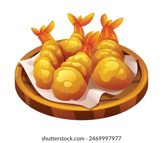 Tempura shrimp on a wooden plate. Japanese food. Fried prawn. Vector cartoon illustration isolated on white background