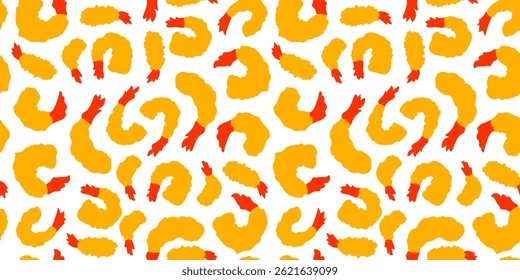 Tempura Shrimp Pattern background. Fried Shrimp Seamless pattern Background. Seafood Pattern Design. Crunchy Tempura Pattern.