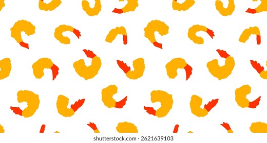 Tempura Shrimp Pattern background. Fried Shrimp Seamless pattern Background. Seafood Pattern Design. Crunchy Tempura Pattern.