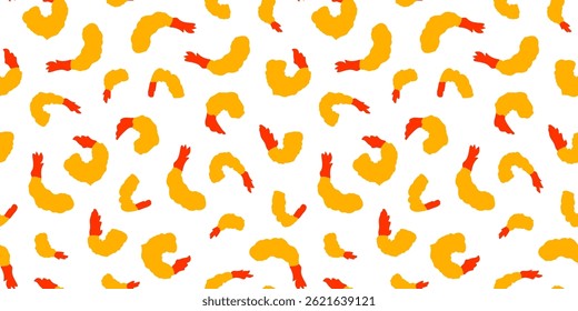 Tempura Shrimp Pattern background. Fried Shrimp Seamless pattern Background. Seafood Pattern Design. Crunchy Tempura Pattern.