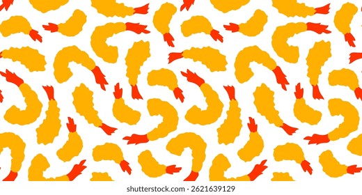 Tempura Shrimp Pattern background. Fried Shrimp Seamless pattern Background. Seafood Pattern Design. Crunchy Tempura Pattern.