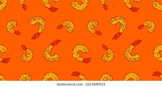 Tempura Shrimp Pattern background. Fried Shrimp doodle illustration Background. Seafood Pattern Design. Crunchy Tempura Pattern.