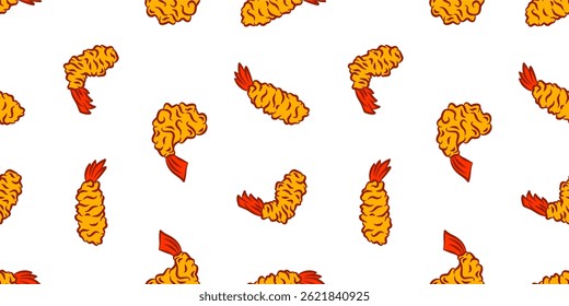 Tempura Shrimp Pattern background. Fried Shrimp doodle illustration Background. Seafood Pattern Design. Crunchy Tempura Pattern.