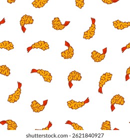 Tempura Shrimp Pattern background. Fried Shrimp doodle illustration Background. Seafood Pattern Design. Crunchy Tempura Pattern.