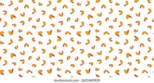 Tempura Shrimp Pattern background. Fried Shrimp doodle illustration Background. Seafood Pattern Design. Crunchy Tempura Pattern.