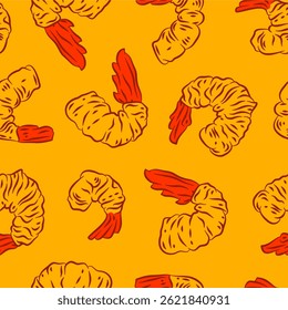 Tempura Shrimp Pattern background. Fried Shrimp doodle illustration Background. Seafood Pattern Design. Crunchy Tempura Pattern.