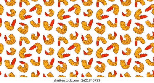 Tempura Shrimp Pattern background. Fried Shrimp doodle illustration Background. Seafood Pattern Design. Crunchy Tempura Pattern.