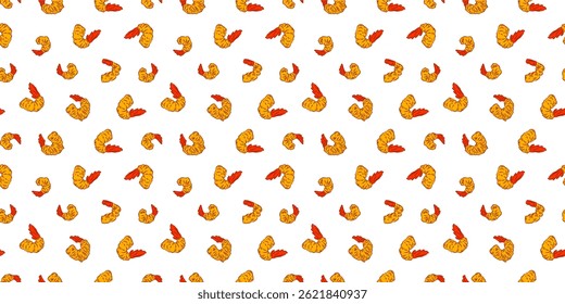 Tempura Shrimp Pattern background. Fried Shrimp doodle illustration Background. Seafood Pattern Design. Crunchy Tempura Pattern.