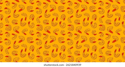 Tempura Shrimp Pattern background. Fried Shrimp doodle illustration Background. Seafood Pattern Design. Crunchy Tempura Pattern.