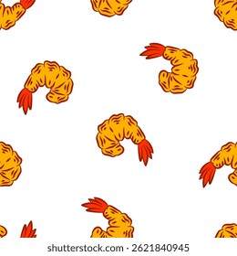 Tempura Shrimp Pattern background. Fried Shrimp doodle illustration Background. Seafood Pattern Design. Crunchy Tempura Pattern.