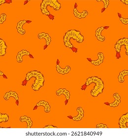 Tempura Shrimp Pattern background. Fried Shrimp doodle illustration Background. Seafood Pattern Design. Crunchy Tempura Pattern.