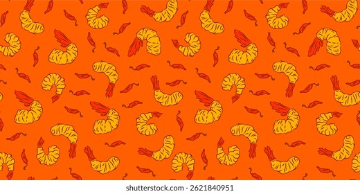 Tempura Shrimp Pattern background. Fried Shrimp doodle illustration Background. Seafood Pattern Design. Crunchy Tempura Pattern.