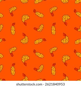 Tempura Shrimp Pattern background. Fried Shrimp doodle illustration Background. Seafood Pattern Design. Crunchy Tempura Pattern.