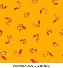 Tempura Shrimp Pattern background. Fried Shrimp doodle illustration Background. Seafood Pattern Design. Crunchy Tempura Pattern.