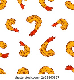Tempura Shrimp Pattern background. Fried Shrimp doodle illustration Background. Seafood Pattern Design. Crunchy Tempura Pattern.