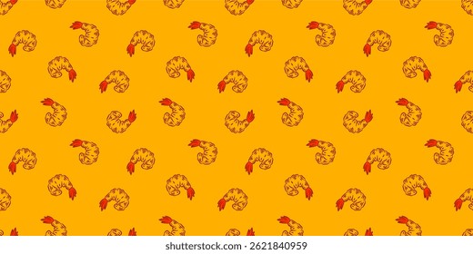 Tempura Shrimp Pattern background. Fried Shrimp doodle illustration Background. Seafood Pattern Design. Crunchy Tempura Pattern.