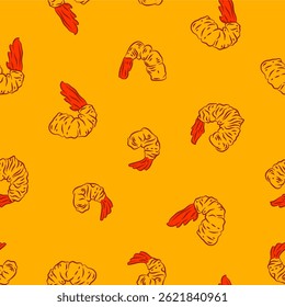 Tempura Shrimp Pattern background. Fried Shrimp doodle illustration Background. Seafood Pattern Design. Crunchy Tempura Pattern.
