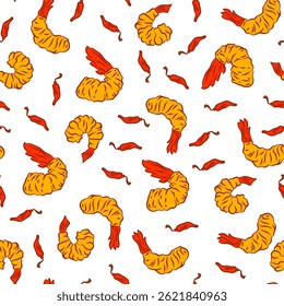 Tempura Shrimp Pattern background. Fried Shrimp doodle illustration Background. Seafood Pattern Design. Crunchy Tempura Pattern.