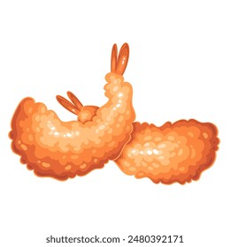 Tempura shrimp pile, cartoon deep fried prawns. Two golden crispy cutlet of seafood in flour and water batter with frying in oil, tempura method for cooking in Japan cartoon vector illustration