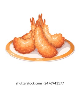 Tempura shrimp plate, cartoon seafood serving. Four golden crispy cutlets lying on white round platter with rim in Japanese restaurant or cafe, deep fried tempura dish cartoon vector illustration