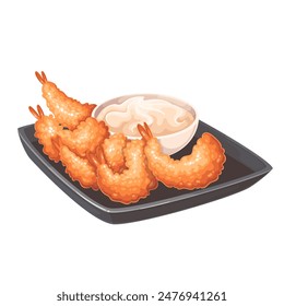 Plato de camarones Tempura con taza de salsa, mariscos cocidos de dibujos animados. Plato cuadrado negro con cinco gambas fritas en masa de tempura, chuletas de oro sirviendo con Ilustración vectorial de dibujos animados de mayonesa