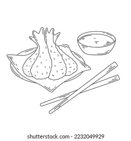 Tempura sketch vector illustration. Fried shrimp in crepe with sauce doodle black outline. Traditional asia food isolated