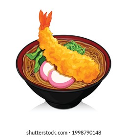 Tempura soba noodles with fish cake, onion and spinach topping illustration vector.
