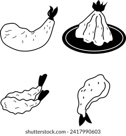 Tempura Vector Lineart - Monochrome Japanese Culinary Art | Ideal for culinary designs, this monochrome illustration captures the artistry and delicacy of this iconic Japanese dish.