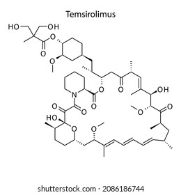 Temsirolimus molecular structure, flat skeletal chemical formula. immunosuppressant, calcineurin inhibitor drug used to treat Renal cell carcinoma. Vector illustration.