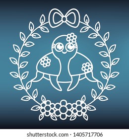 TemTemplate turtle in a wreath of flowers for laser cutting. Coloring page for kids. Stencil for decor.plate for laser cut