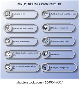 Ten (10) Tips For A Productive Life Infographic Vector Illustrations