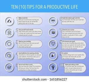 Ten (10) Tips For A Productive Life Infographic Vector Graphic Illustration