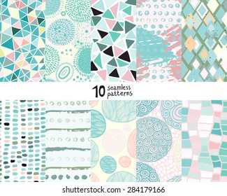 Ten abstract artistic seamless pattern set in pastel colors.