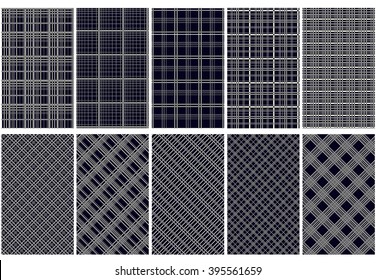 Ten abstract seamless patterns. Blue and white colors. Horizontal, vertical and diagonal lines. Strict style. Vector illustration.