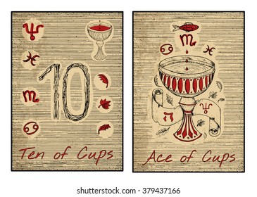 Ten and ace of cups in red. The minor arcana tarot card, vintage hand drawn engraved illustration with mystic symbols.