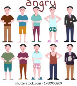 Ten angry guys in different clothes and poses.