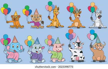 Ten Animals Character With Bring Balloons For Ready To Party, Colors Background, Mascot, Icon, Character or Logo, Vector and Illustration.