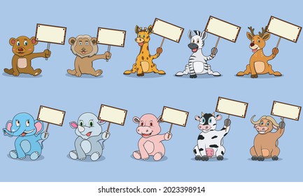 Ten Animals Character With Bring A Blank White Sign Banner , Colors Background, Mascot, Icon, Character or Logo, Vector and Illustration.