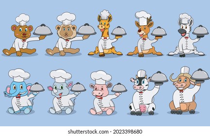 Ten Animals Character With Bring Food and Wear Chef Custom, Colors Background, Mascot, Icon, Character or Logo, Vector and Illustration.