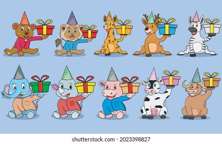 Ten Animals Character With Bring Gift For Party , Colors Background, Mascot, Icon, Character or Logo, Vector and Illustration.