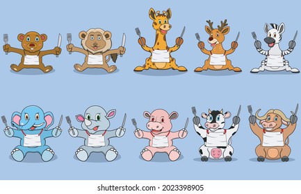 Ten Animals Character With Bring Knife and Fork For Ready To Eat, Colors Background, Mascot, Icon, Character or Logo, Vector and Illustration.