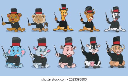 Ten Animals Character With Wear Magician Custom , Colors Background, Mascot, Icon, Character or Logo, Vector and Illustration.