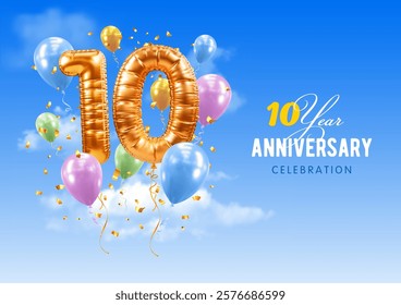 Ten Anniversary or birthday celebration. Number 10 in the form of golden balloons. 3D realistic golden numerals, confetti, blue sky background. Template for gala event. Vector illustration