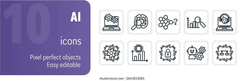 Ten artificial intelligence editable stroke icons including laptop, brain, chart, data, network, algorithm, analysis, robot, ethics