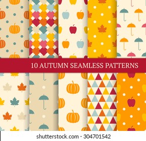 Ten autumn different seamless patterns. Endless texture for wallpaper, web page background, wrapping paper and etc. Retro style.