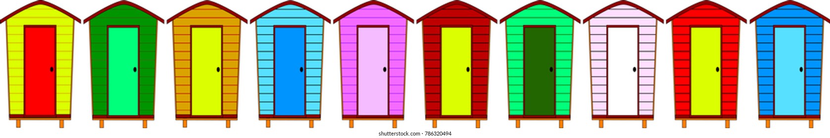 Ten beach huts, no gradients, with copy space and separately grouped.