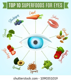 Ten best foods for healthy eyes. Editable vector illustration in bright colors isolated on a light blue background. Medical, healthcare and dietary concept.