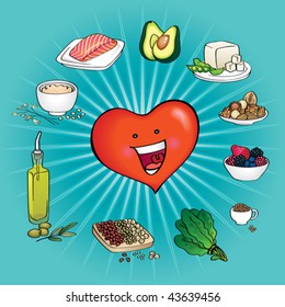 Ten Best Foods for the Heart. A healthy cartoon heart surrounded by the best ten foods for preventing heart diseases. This foods are full of omega-3 fatty acids,  antioxidants, fiber, etc.